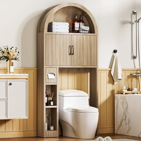 AHB Over Toilet Storage Cabinet with Arc Design, Freestanding Bathroom Organizer with Doors, 7.7"D x 30.5"W x 67.7"H, Wood Color