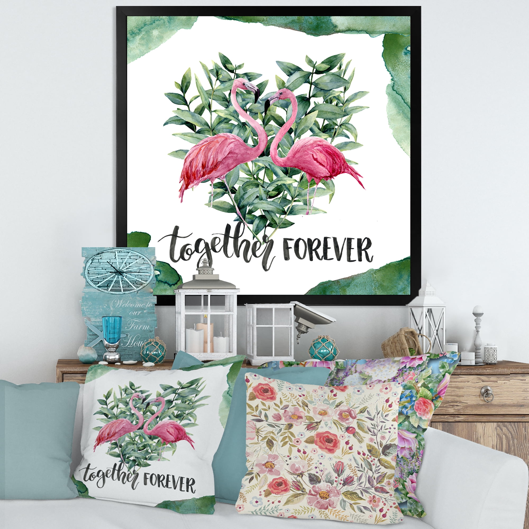 Designart 'Eucalyptus Leaves With Flamingo Floral Heart' Traditional Framed Art Print