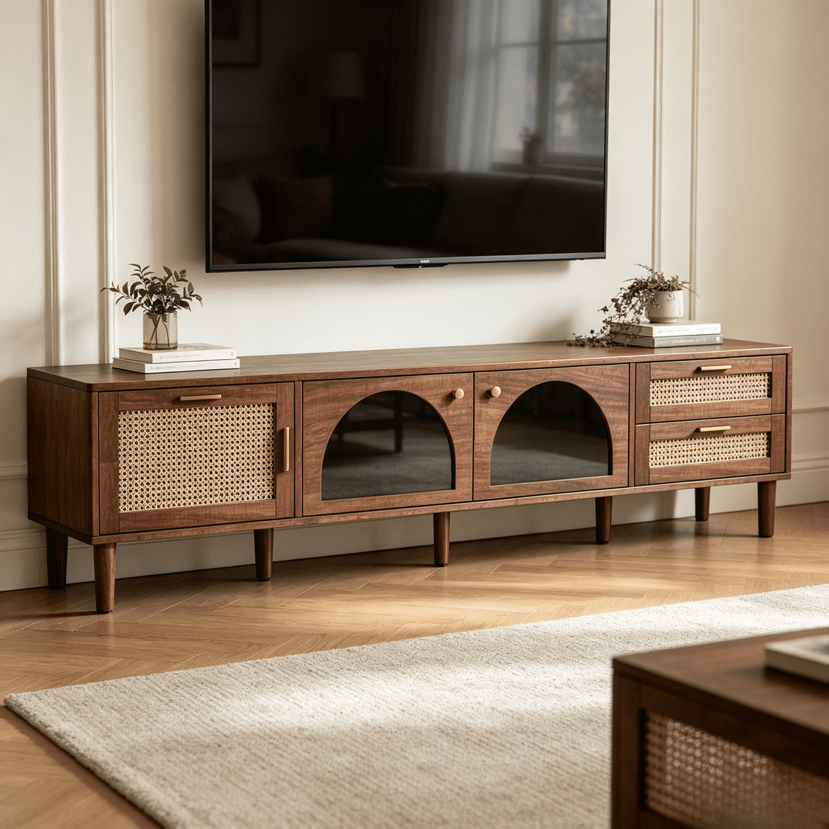 Homy Casa 86.6" TV Stand with LED Lights, Rattan Doors and Drawers, Walnut