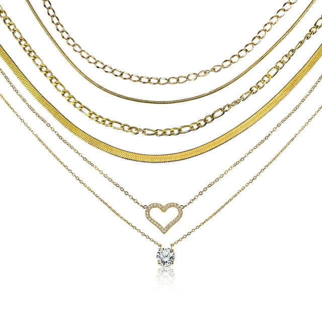 JeenMata Multipack 6 piezas colgante de collar en capas para mujer, chapado en oro amarillo, cadena de oro, collar de gargantilla, collar en capas de espiga, regalo de joyería
