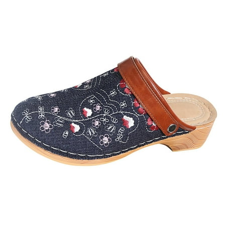 

Gzztg Shoes Women Summer Ladies Slippers Embroidered Flower High-Heeled Slope Heel Sandals Woman