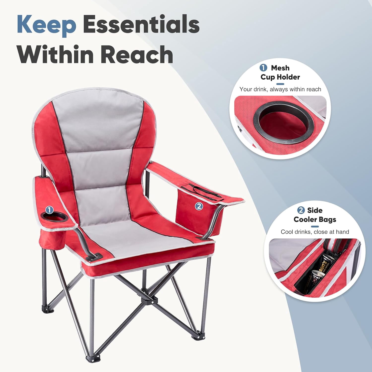 2 PCS Oversized Camping Chair, Folding Chairs with Padded Back and Armrest, Steel Frame with Cooler Bag, Storage Netting Cup Holder, Red