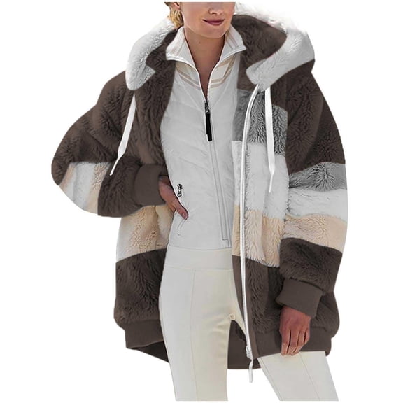 Womens Coats Winter, Yigetop Jackets for Women Fuzzy Fleece Coat Faux Shearling Cardigan Warm Hooded Zip Up Outwear Fleece Hooded Jacket Women Coffee L
