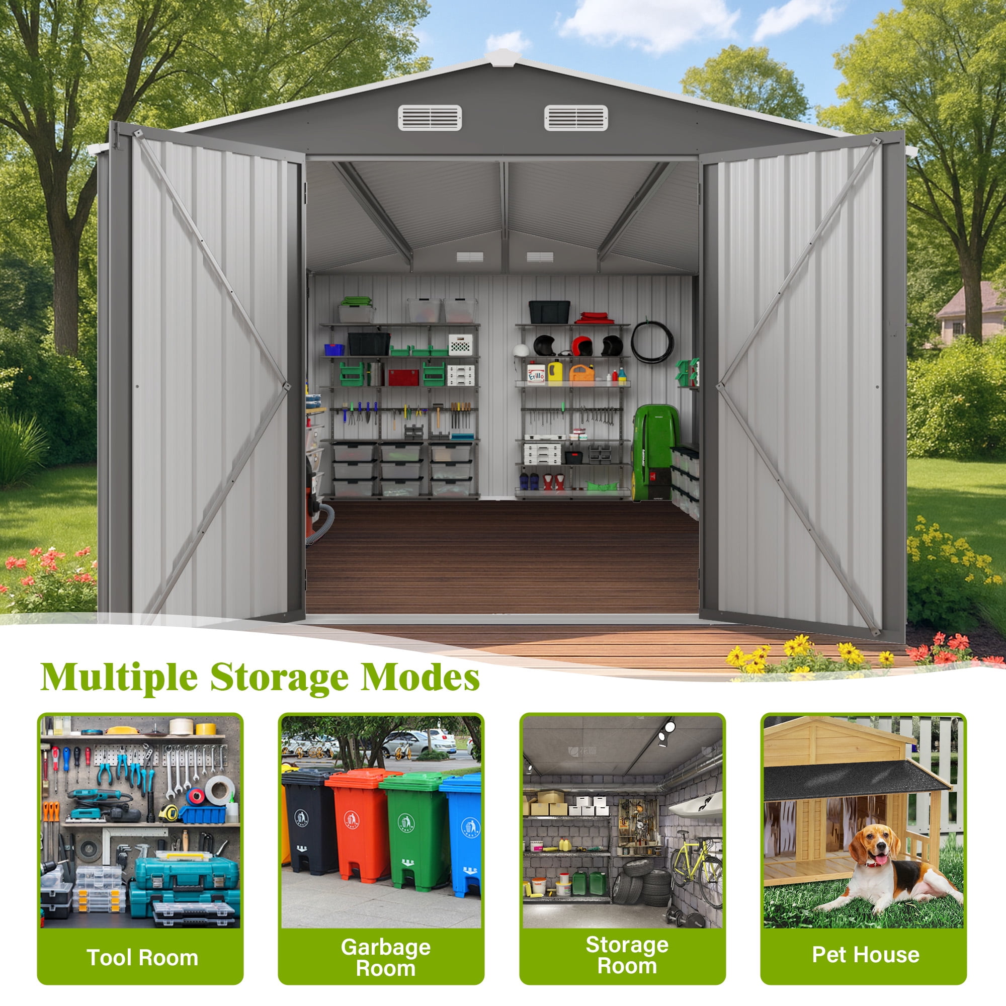 10x14 FT Outdoor Metal Storage Shed with 3 Lockable Doors & Window, Heavy-Duty All-Weather Garden Shed for Lawn Mowers, Bikes, Tools, Backyard, Patio, Grey