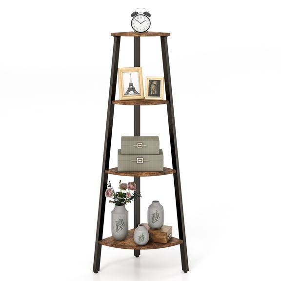 Topbuy 4-Tier Industrial Corner Ladder Shelf Freestanding Bookshelf Display Rack with Anti-tipping Kit