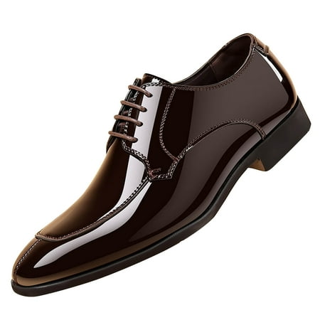 Xfvqtps Mens Dress Shoes British Style Simplicity Pointy Toe Lace up Soft Sole Breathable Comfortable Fashion Classic Formal Business Casual Patent Leather Shoes Brown