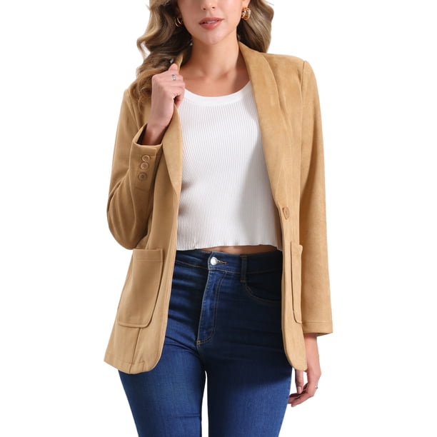 CHAQUETA DE TRAJE ELEGANTE Blazer de mujer con cuello de solapa y un botón de ante sintético M Caqui