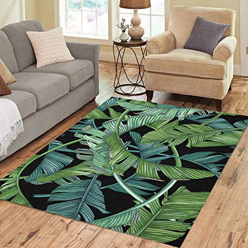 Pinbeam Area Rug Green Pattern Tropical Palm Leaves on Dark Banana Home