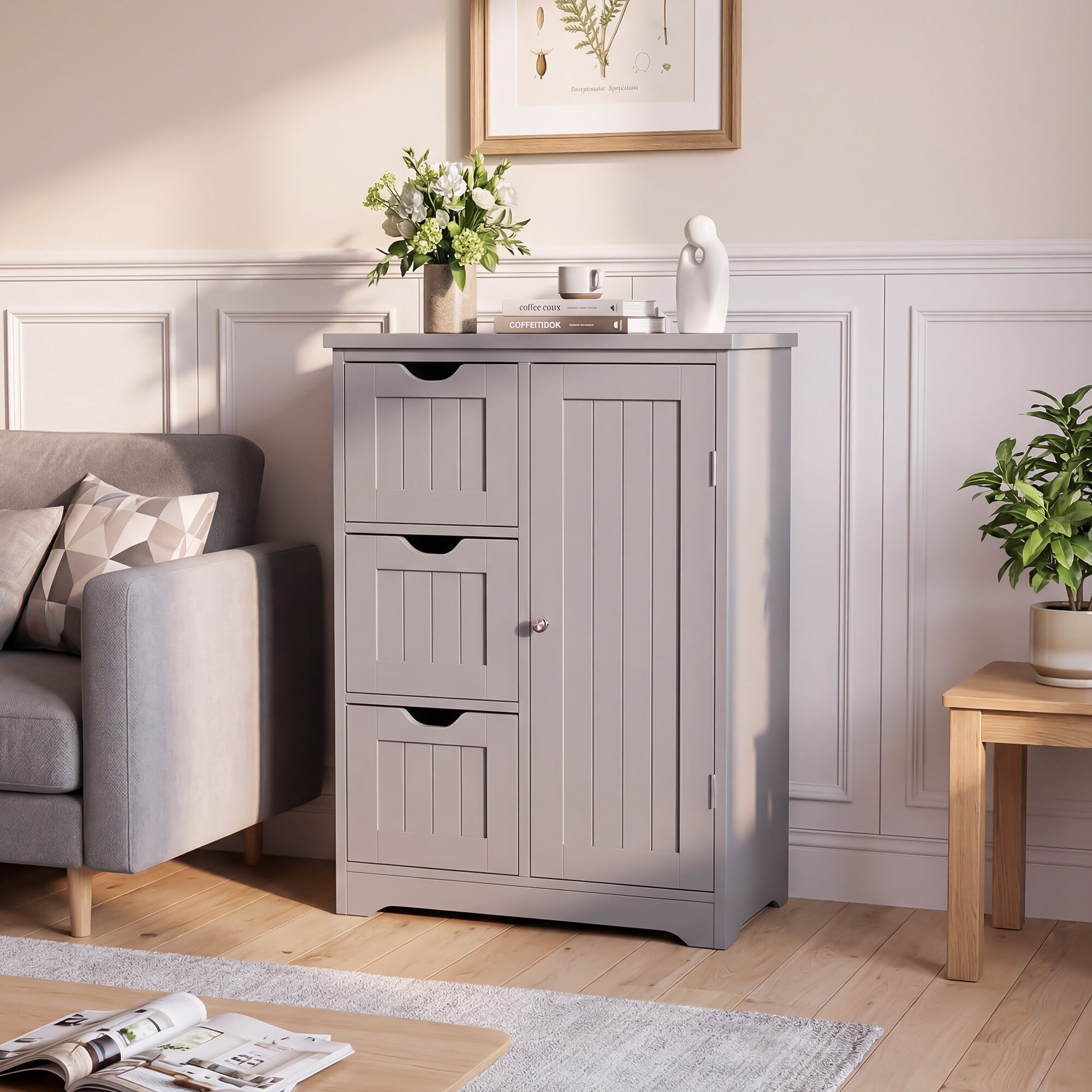 ZENSTYLE Bathroom Cabinet 3 Drawers Storage Organizer Floor Cupboard Home Decor Gray