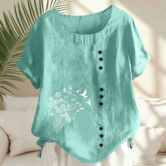 Gamivast Linen Tops for Women Casual Dressy Short Sleeve Floral Print Side Button Shirts Relaxed Fitting Crew Neck Blouses Summer Boho outfits