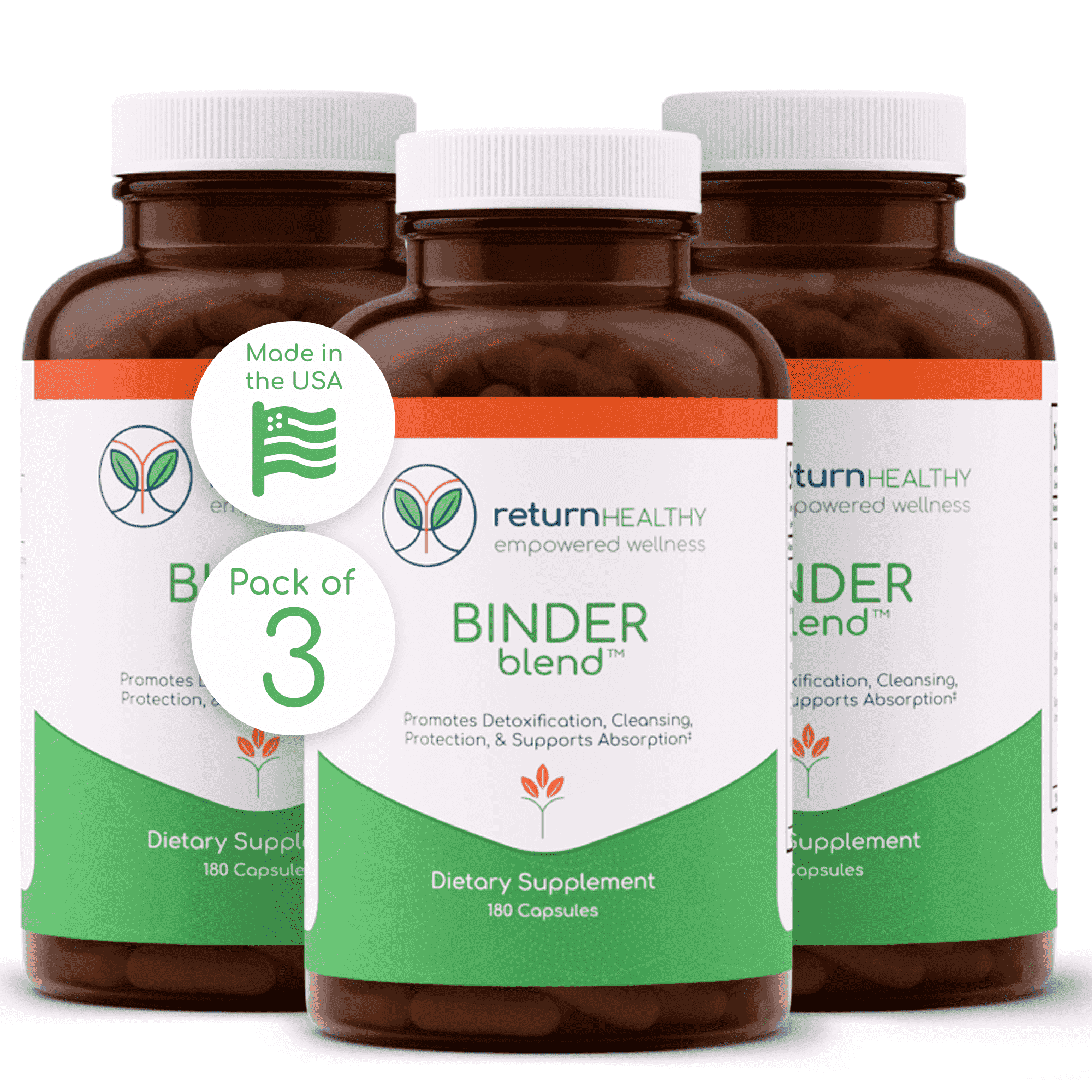 Return Healthy Binder Blend Toxin Binder, Activated Charcoal, Chlorella, 180 Capsules, 3 pack