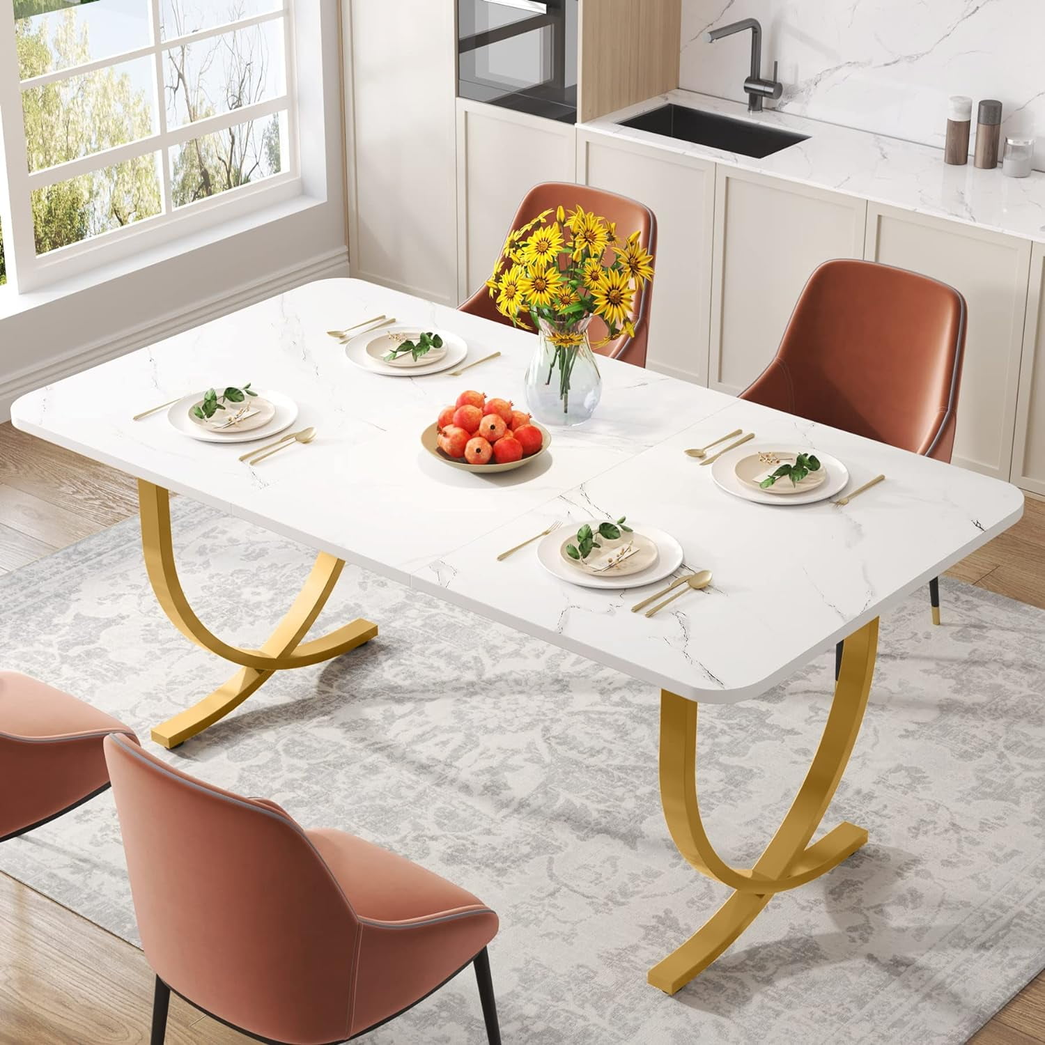 Finmind Rectangular Dining Table for 4 to 6, 63-Inch White and Gold Modern Kitchen Table with Faux Marble Table Top and Metal Legs for Dining Room, Kitchen or Living Room