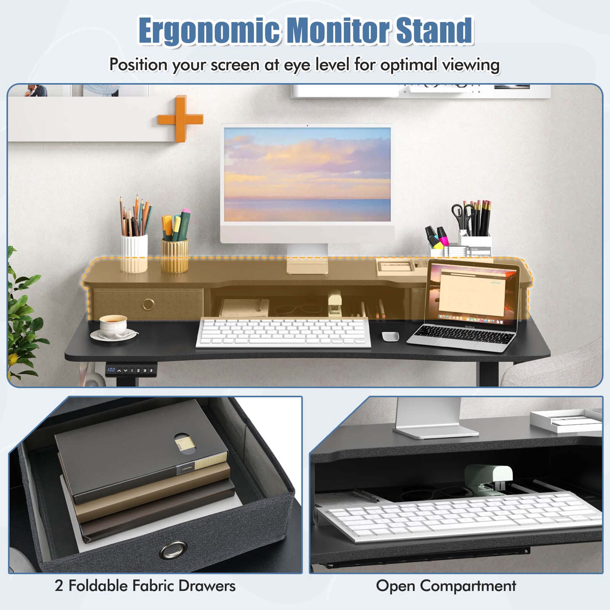 Costway 48"x 24" Electric Standing Desk with 2 Drawers Monitor Stand Storage Shelf Black