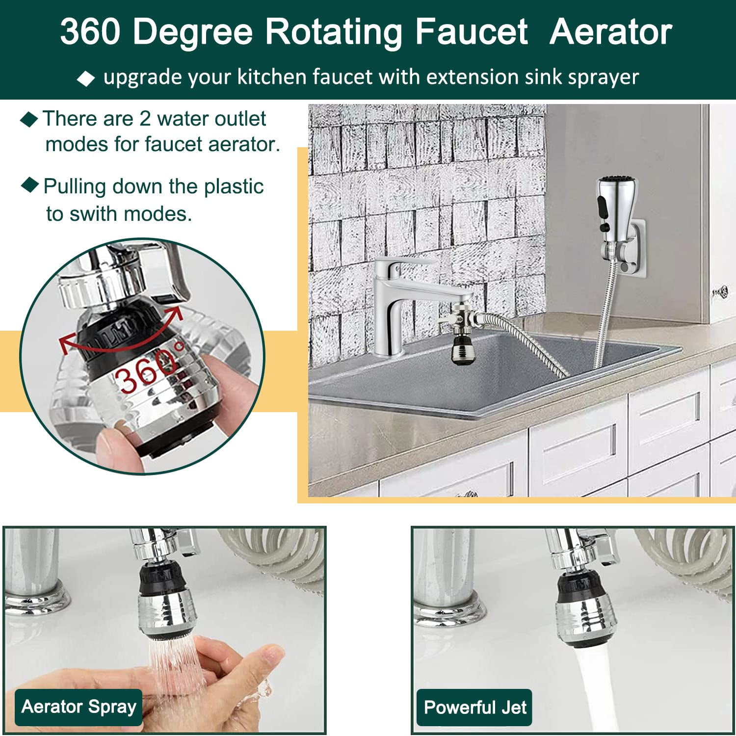 Kitchen Faucet Sink Sprayer Attachment Set 3 Modes Replacement Head With Stainless Steel Hose Aerator And Brass Diverter Valve (5 Adapter) For Washing Fruit Dishes Hair1