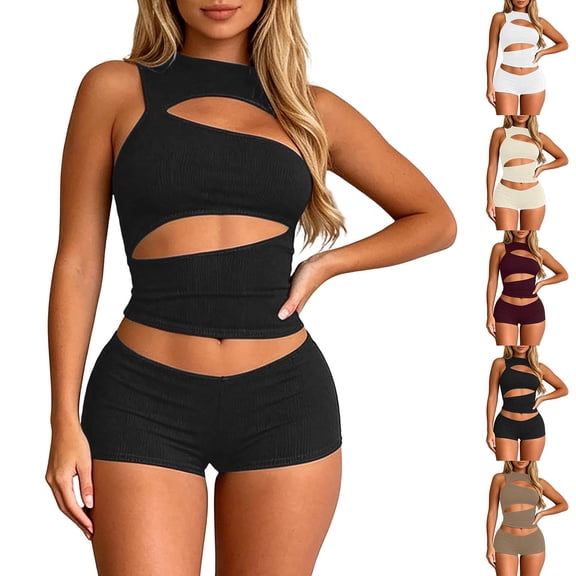 Shorts Sets for Women Going Out Club Outfits Solid Color Hollow Sleeveless Crop Tops Bodycon Shorts Sets Going Out Outfits