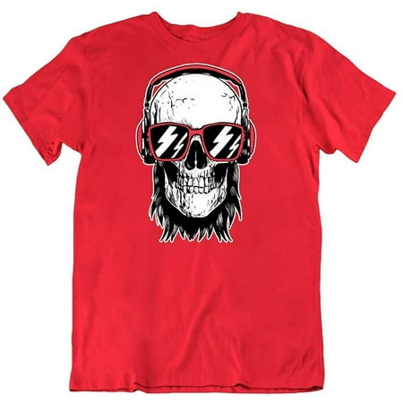 Image of Skull with Headphones and Sunglasses Novelty Humor Fashion Design Cotton T-Shirt Red