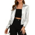 thumbnail image 5 of Unique Bargains Women's Track Holographic Shiny Metallic Zip Front Jacket S Silver, 5 of 7