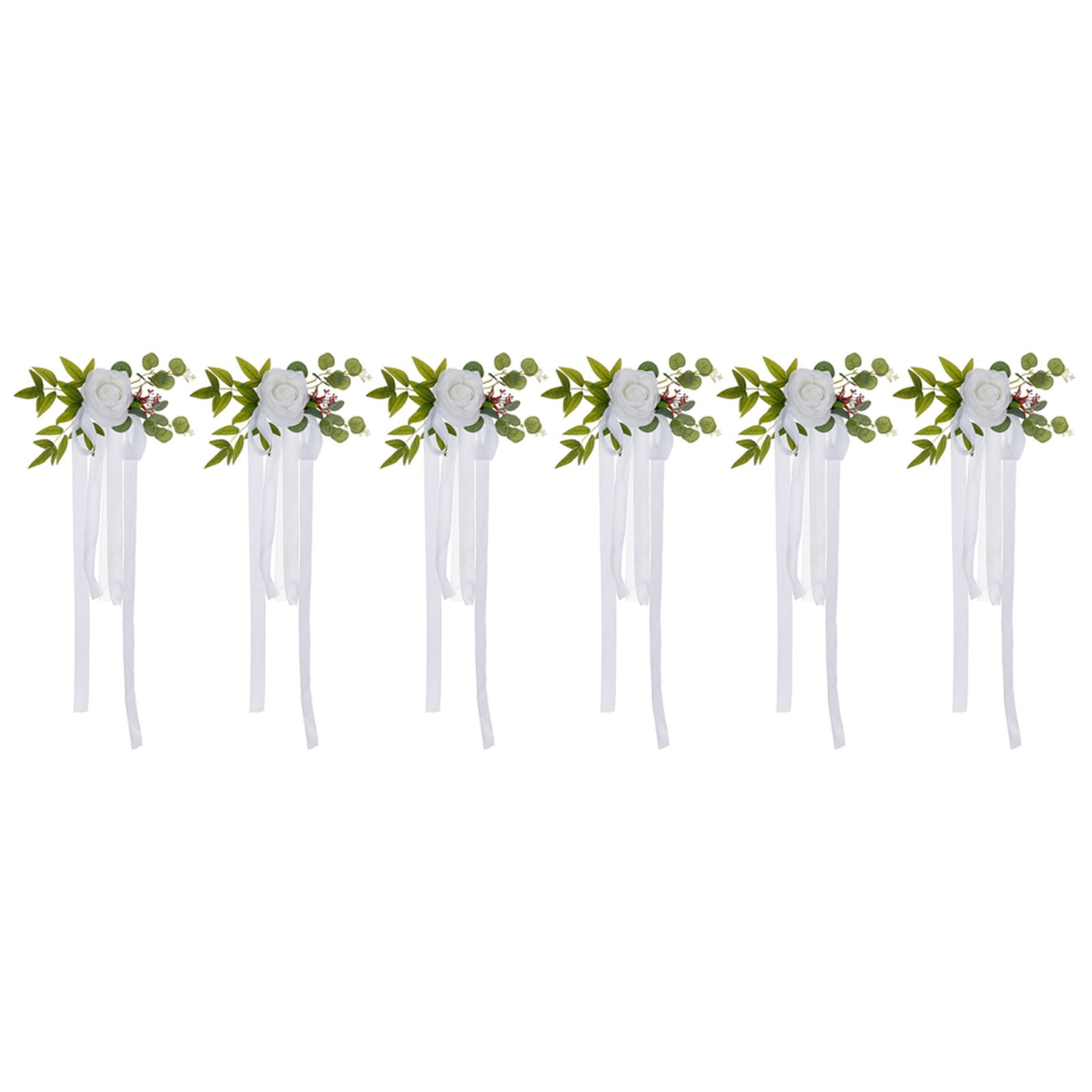 Chair Back Flower，6Pcs Wedding Aisle Rose Flowers With Ribbons & Leaves Chair Decorations For Wedding & Church White