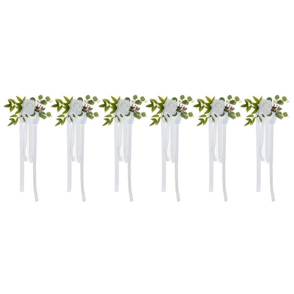 6 PCS Wedding Aisle Rose Flowers with Ribbons & Leaves - White Chair Decorations for Wedding & Church