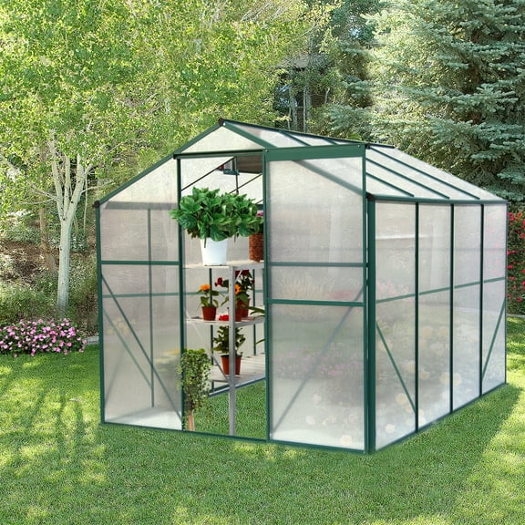 6 x 8 Ft Walk-in Greenhouse for Outdoors, Polycarbonate Green House with Roof Vent, Sliding Door, Ground Nails, Large Plant Grow House for Backyard, Patio, Garden, Green