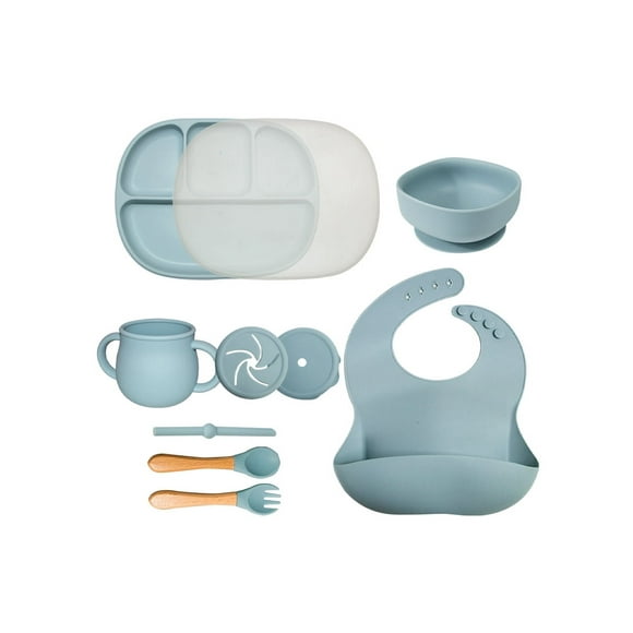 KIT PARA BEBÉ Tazón, plato 4 divisiones y tapa adheribles a superficies lisas, vaso, popote y 2 tapas, babero ajustable anti derrame, cubiertos de madera y silicón grado alimenticio y libre de BPA.