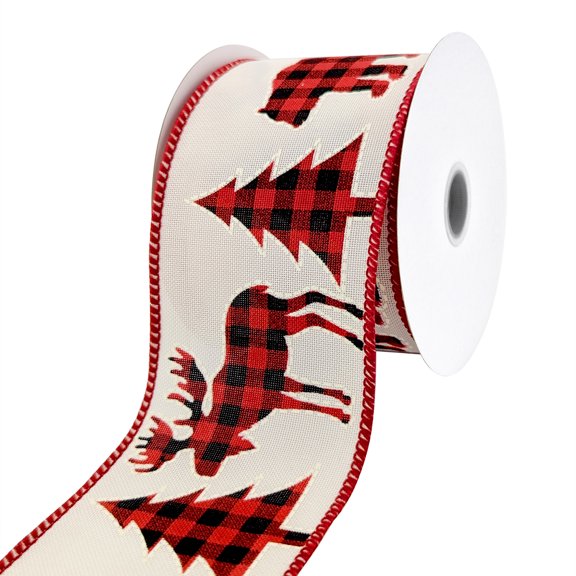 Holiday Cut Outs Buffalo Plaid Wired Christmas Ribbon, Bear Moose Tree, 2-1/2-Inch, 10-Yard