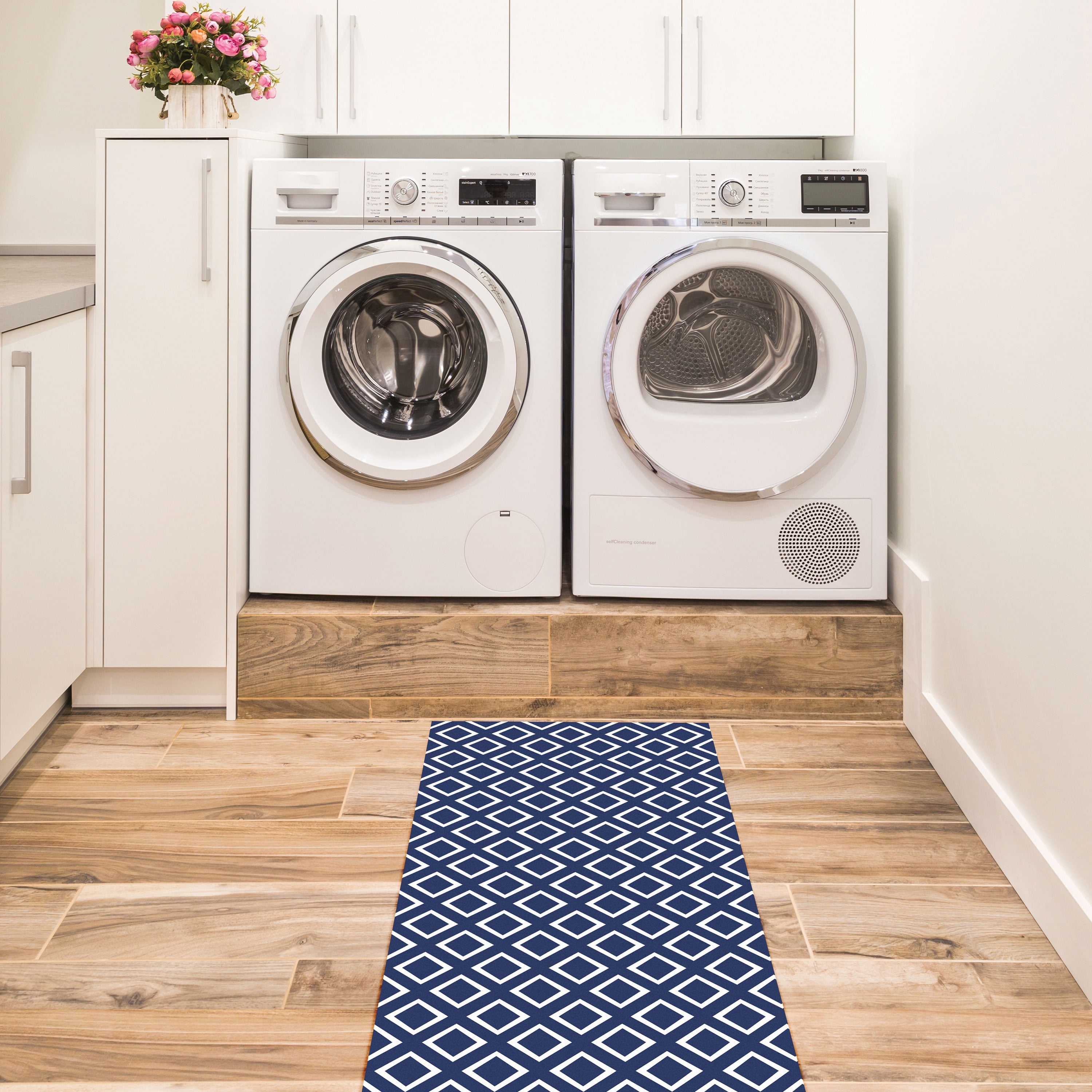 Foss Floors Blue/White Patterned Area Rug, 5’ x 7’, Waterproof, Kid Proof, Pet Proof (3 Count)