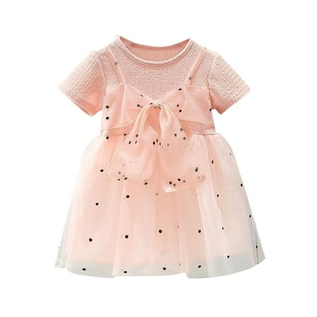 

CLZOUD Girls Semi formal Dress Pink Cotton Blend Summer Fashion New Round Neck Short Sleeve Bow Black Wave Dot Mesh Girls Princess Dress 80
