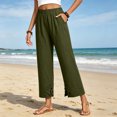 thumbnail image 3 of Linen Pants for Women Petite Wide Leg Baggy Elastic Waist Flowy Palazzo Casual Pants with Pockets Beach Travel Trousers Pull On Green 2XL, 3 of 6