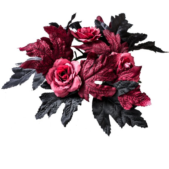 Halloween Candle Rings, Red Rose and Black Maple Leaf Small Wreaths, Gothic Candle Holder Rings for Pillars Table Centerpieces Party Halloween Wedding