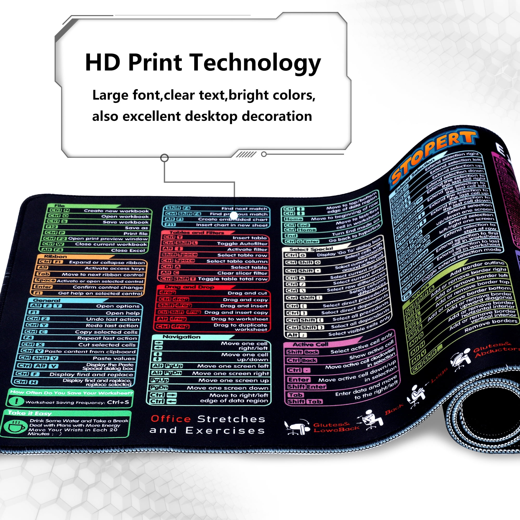 Office Excel Cheat Sheet Desk Pad Mat, XL Excel Shortcuts Mouse Pad Gaming, Large Mouse Pads for Desk, 31.5”x11.8” Desk Matt for Desktop, Waterproof Anti Slip Computer Keyboard Pad with Shortcuts