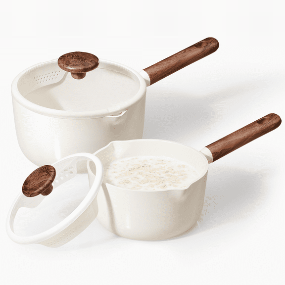 Carote 2QT & 3QT Ceramic Nonstick Saucepan Set with Strainer Lids, Small Cooking Pot, Induction Compatible, White