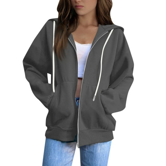 UoCefik Women Zip Up Sweatshirt Hoodie Jacket Fall Winter Casual Oversized Hoodies Lightweight Long Sleeve Cropped Y2k Drawstring Jacket Dark Gray XXL
