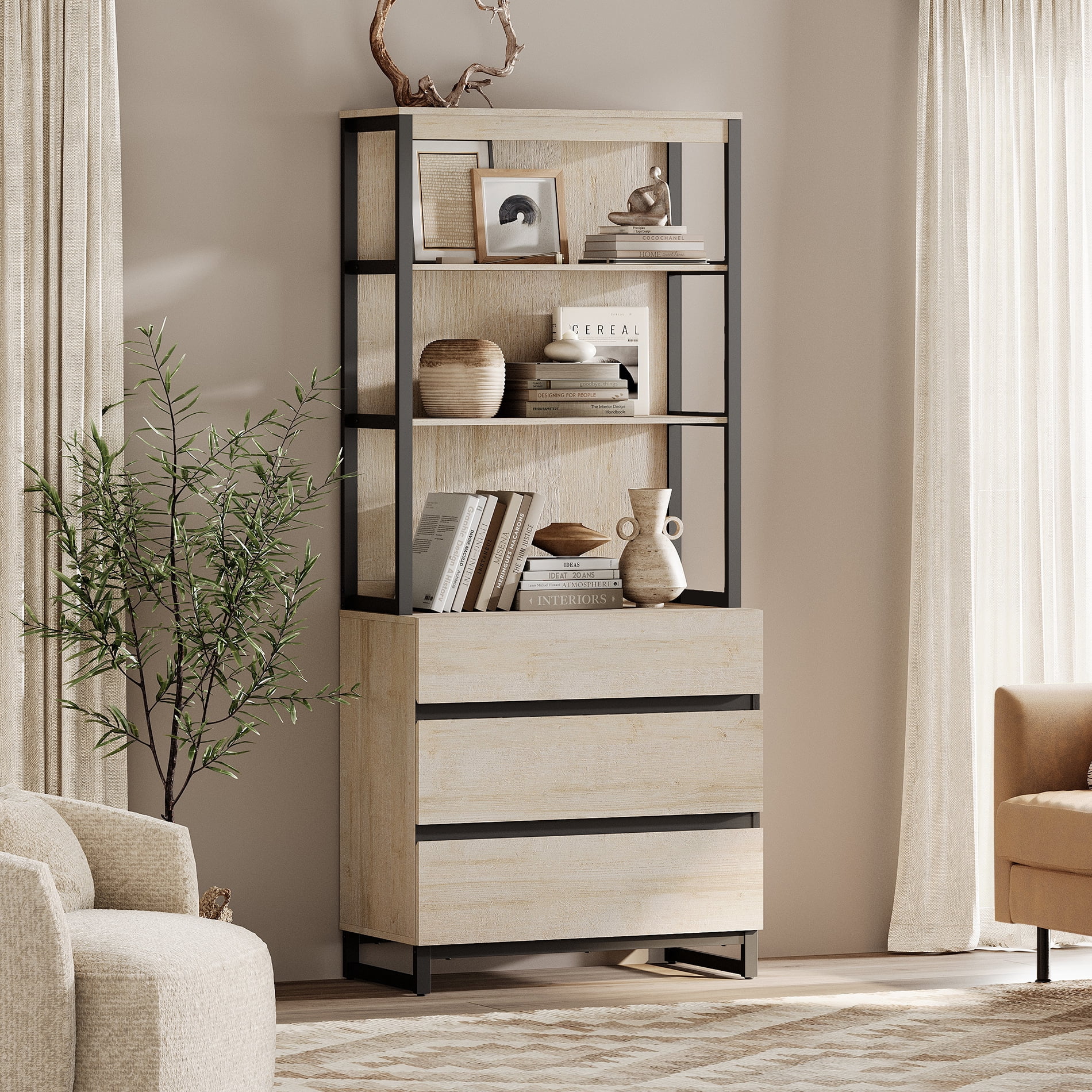 WAMPAT 3-Piece Modern 72" Tall Bookcase,6 Drawers & Adjustable Shelves with Storage Cabinet & Open Shelves, Freestanding Wood Library Bookshelf for Home Office & Living Room