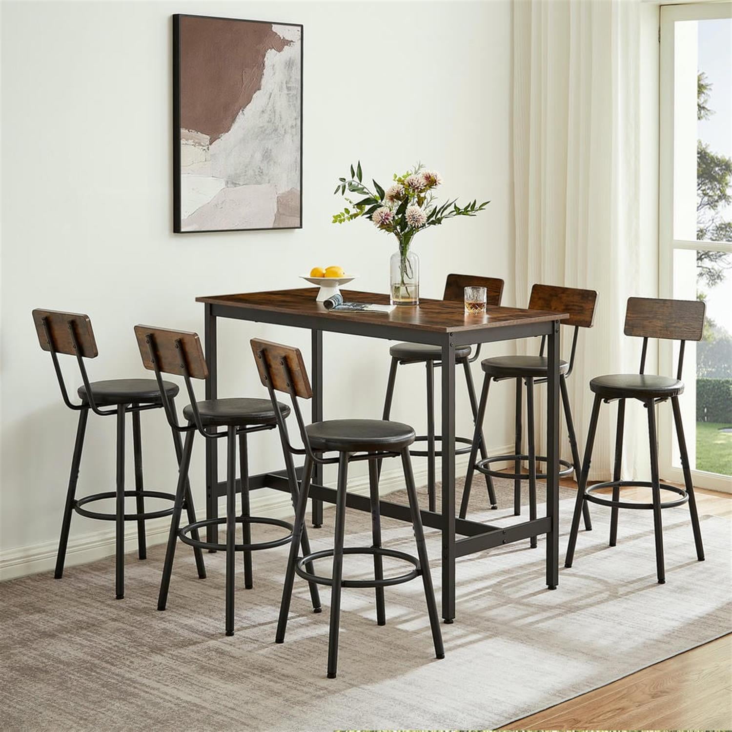 Demi Bonn 7-Piece Dining Table Set with 6 PU Leather Bar Chairs,dustrial Kitchen Bar Table Furniture Sets for Living Room, Brown