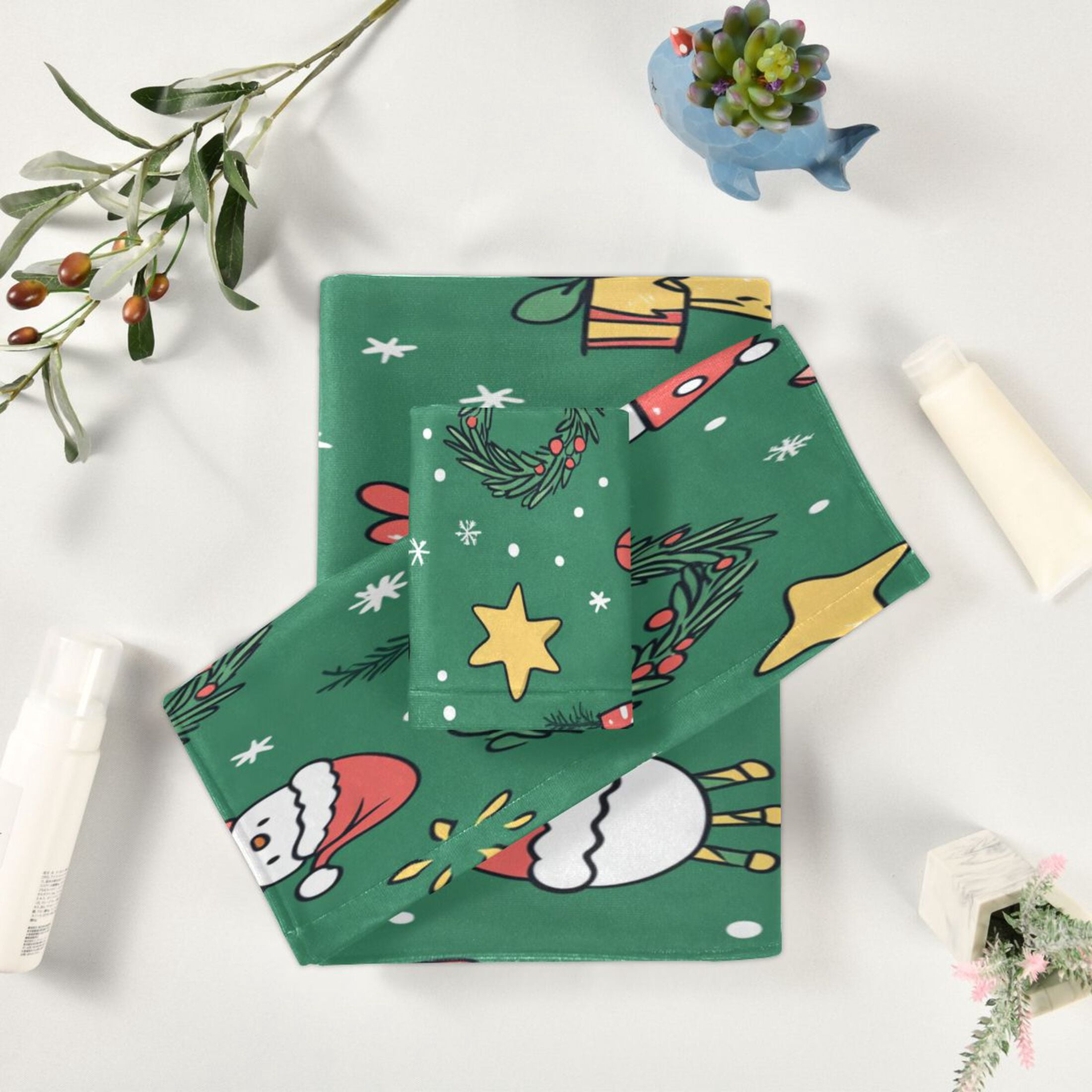 WOBOGO Cartoon Christmas Patterns with Simple Lines Ultra Soft 3 Pack Cotton Towel Set Includes 60 x 30in Bath Towel 28 x 16in Face Towel and 13 x 13in Small Square Towel for Everyday Use Lightweight