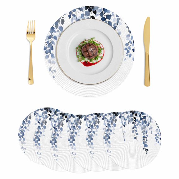 Navy Blue Eucalyptus Leaves Round 15 Inch Placemats Set of 6, Summer Leaf Watercolor HeatResistant Non Slip Place Mats for Dining Table, Wipeable Braided Kitchen Table Mats for Housewarming
