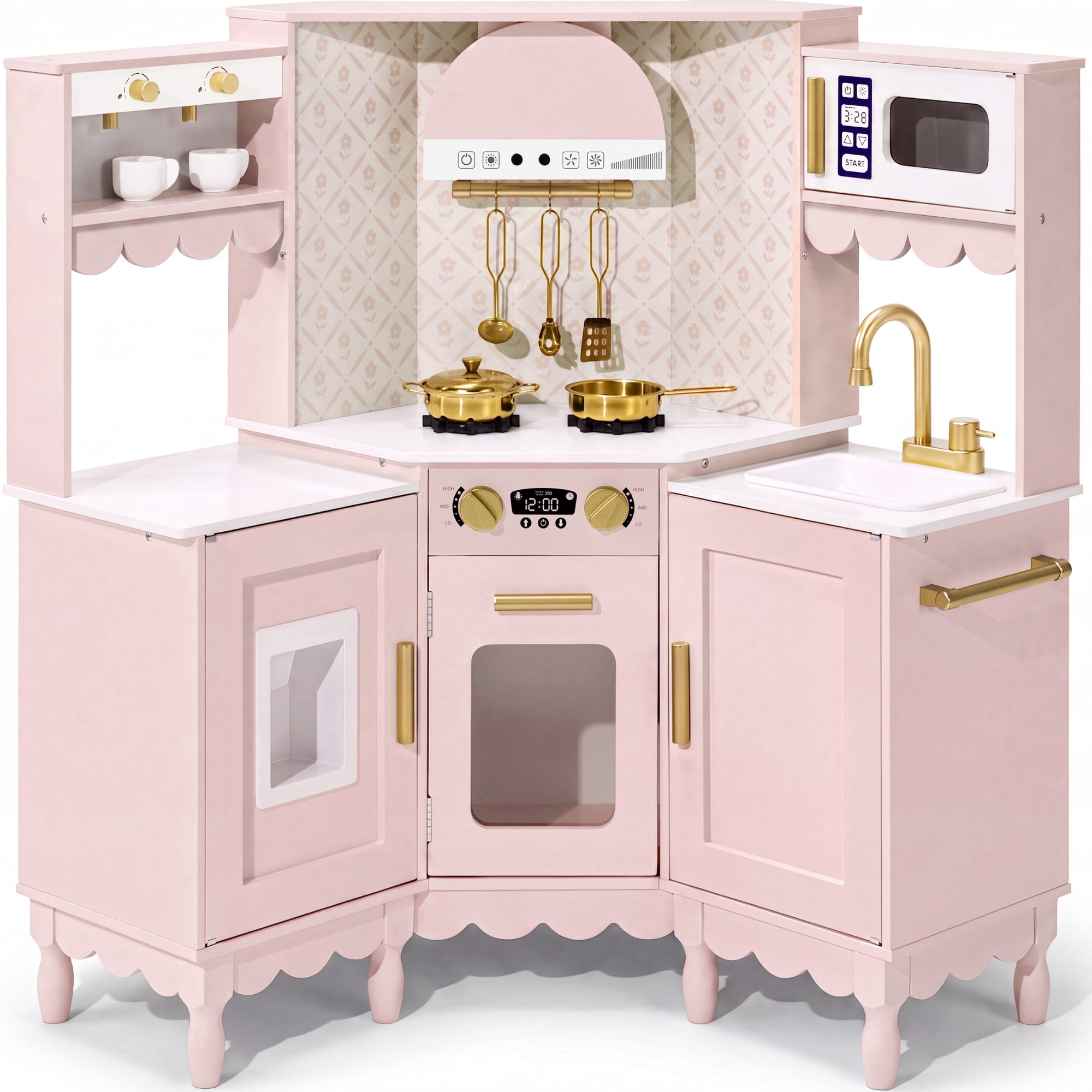 Best Choice Products Cottage Corner Play Kitchen for Kids, Wooden Toy Kitchen w/ Espresso, Ice Maker, Sink, 11pc - Pink