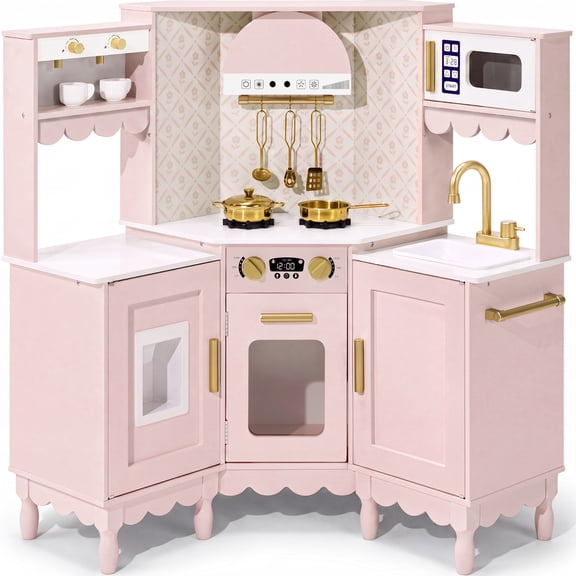 Best Choice Products Cottage Corner Play Kitchen for Kids, Wooden Toy Kitchen w/ Espresso, Ice Maker, Sink, 11pc - Pink