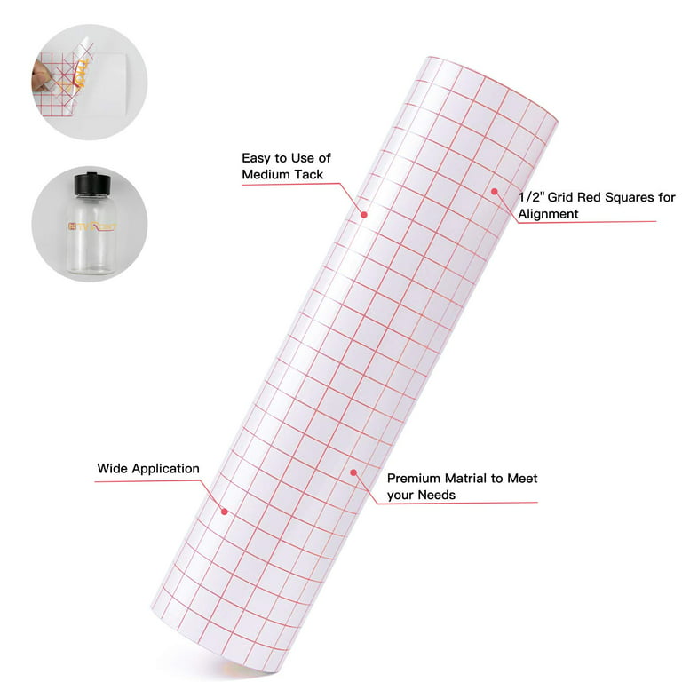 YRYM HT Clear Vinyl Transfer Paper Tape Roll-12 x 50 FT w/Alignment Grid Red