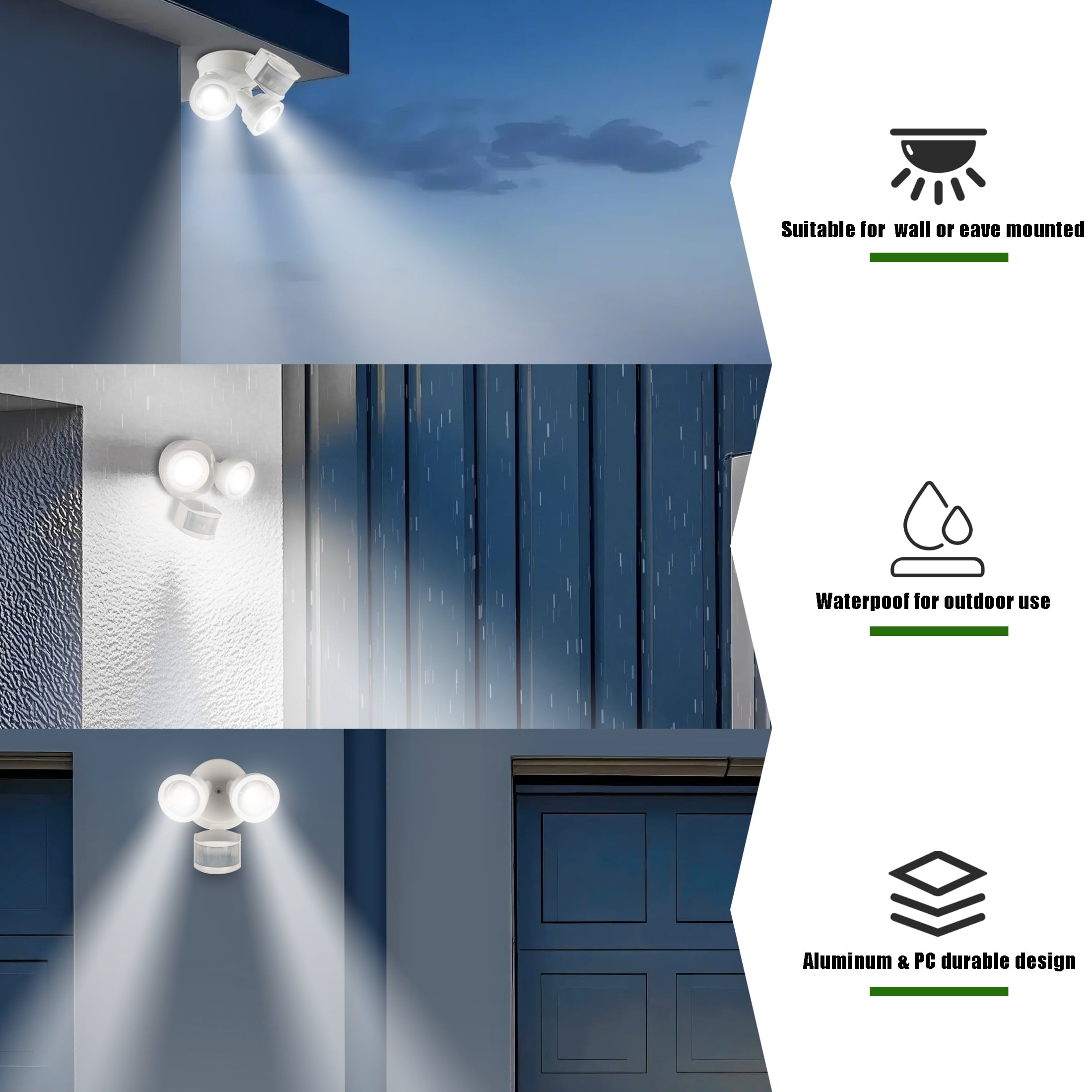 Green Watt LED Security Flood Light, Motion Sensor, Adjustable Beam Angle Light Coverages, Adjustable sensitivities, Outdoor Wet Rated, 5000K Daylight, ETL Listed, White