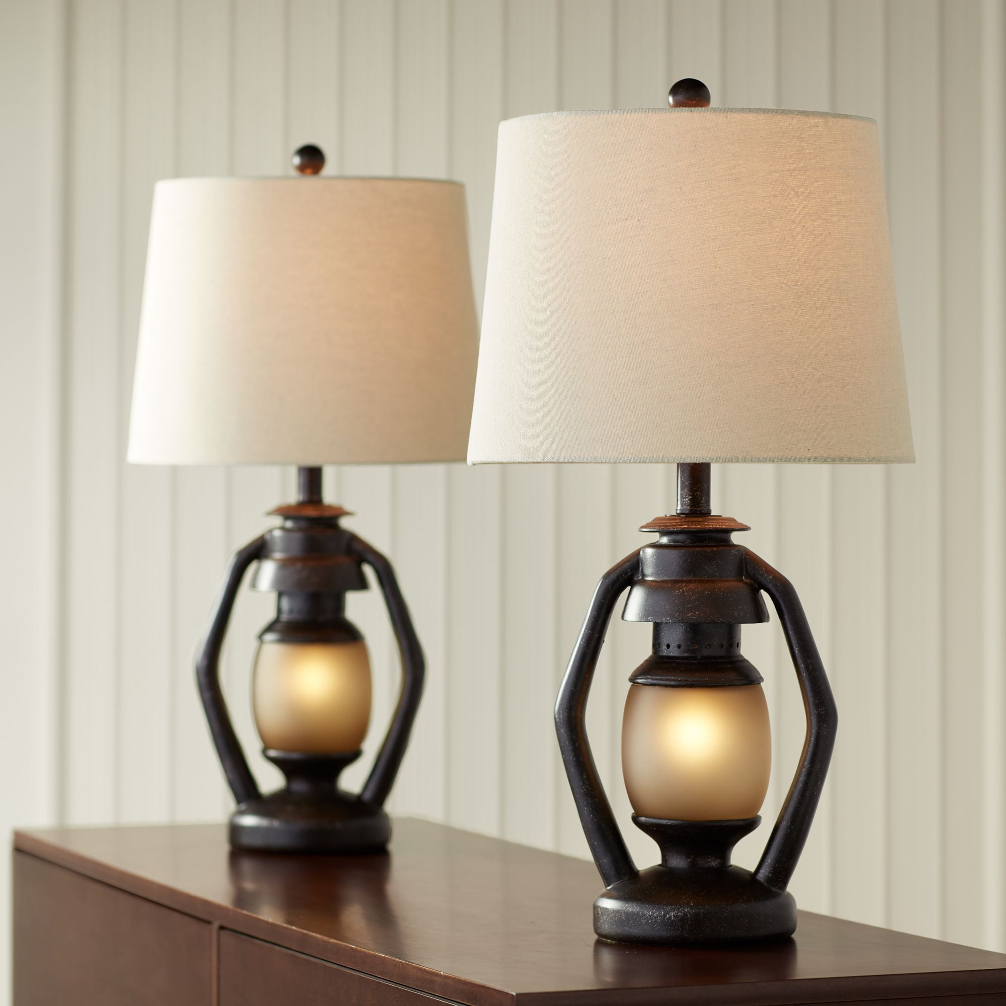 Franklin Iron Works Horace Rustic Table Lamps 25 1/4" High Set of 2 Brown with Nightlight Miner Lantern Oatmeal Drum Shade for Bedroom Living Room