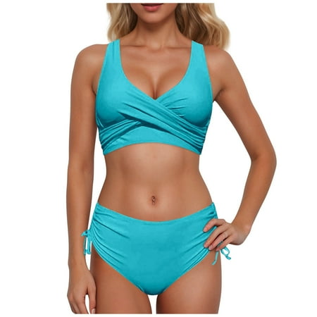 XUELUO Womens Bikinis Solid Color Elastic Seamless Criss Cross Bra And High Waist Panty Set Two Pieces Swimwears Activewear