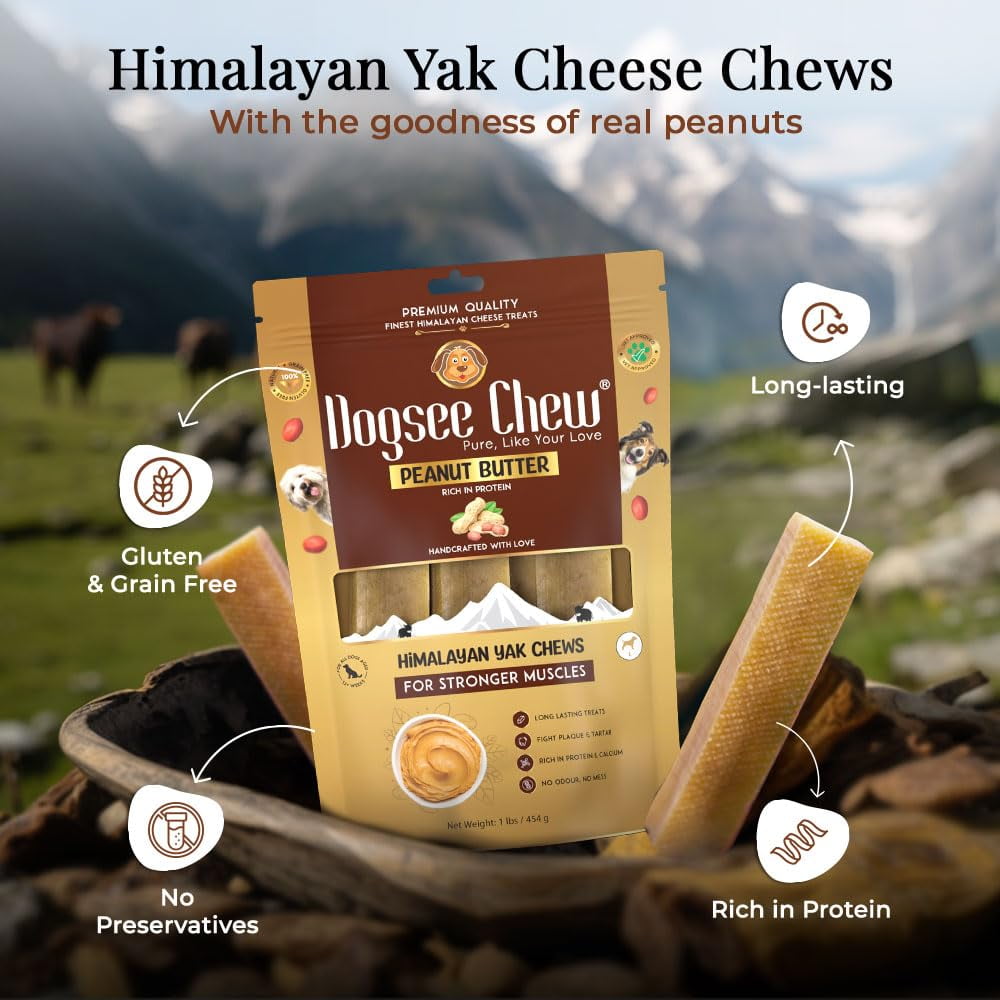 Dogsee Himalayan Yak Cheese Chews with Peanut Butter 1lb (Large - 4 Chews) | Support Muscle Growth in Dogs | Fight Plaque & Tartar | Long Lasting Dental Dog Chews
