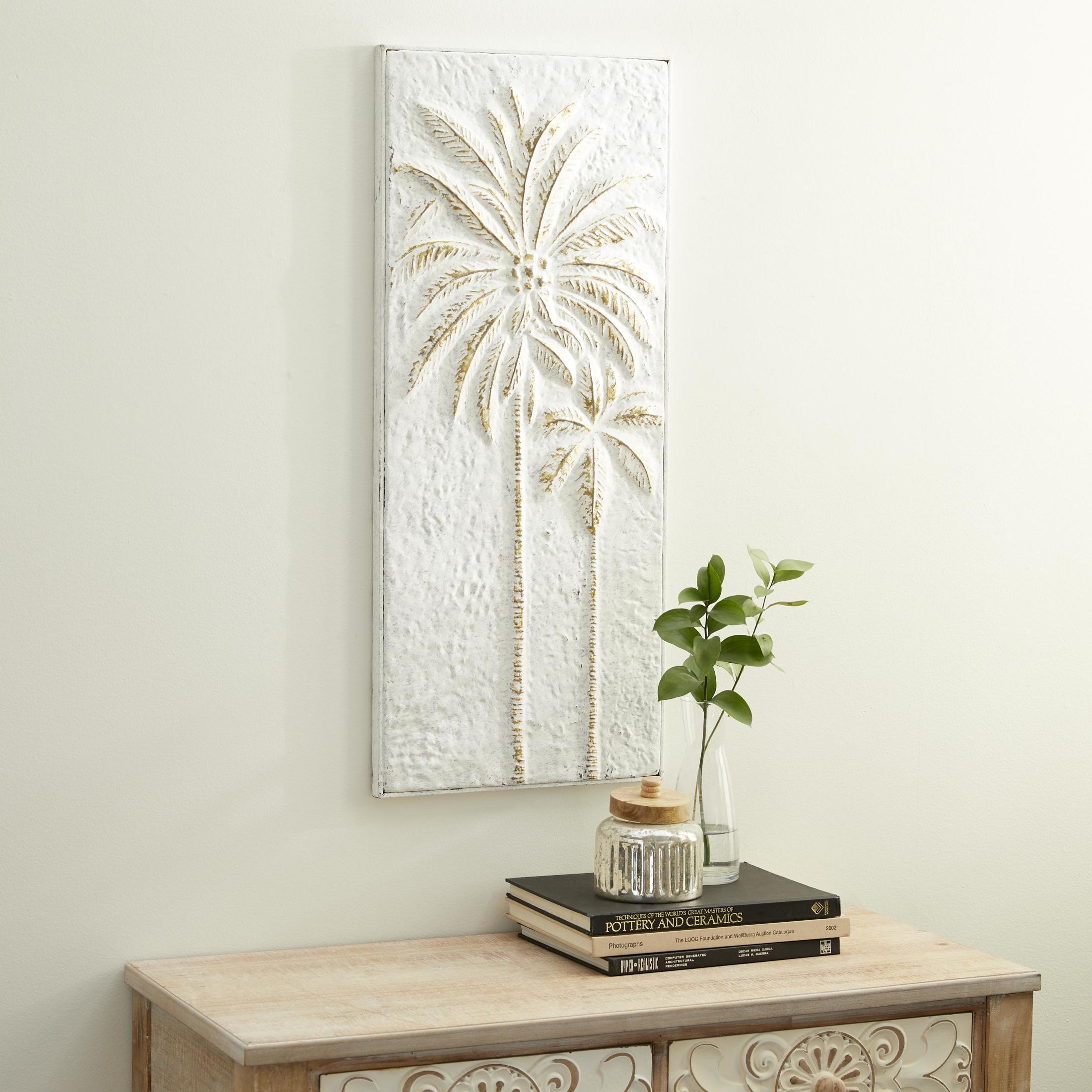 DecMode Gold Metal Relief Panel Palm Tree Wall Decor with Cream Textured Backing