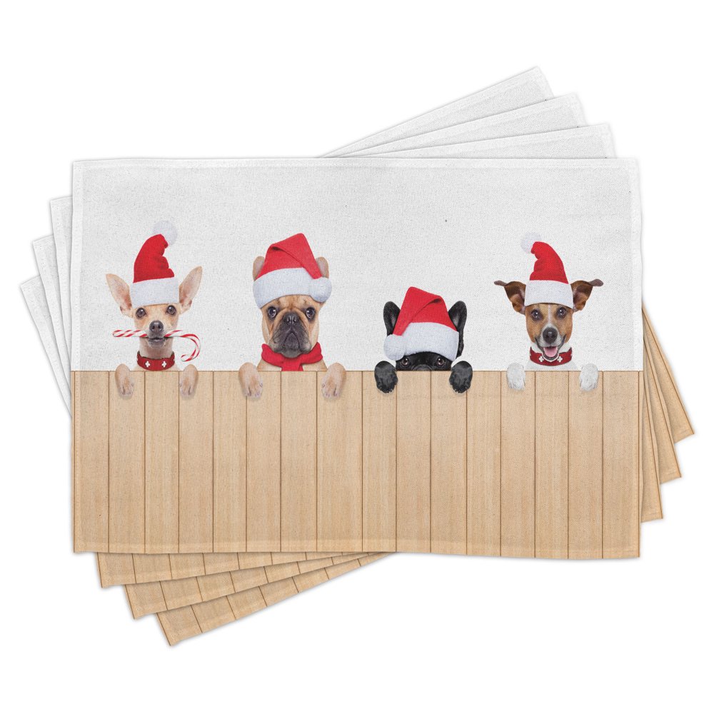 Christmas Placemats Set of 4 Group of Santa Claus Dogs over Wooden