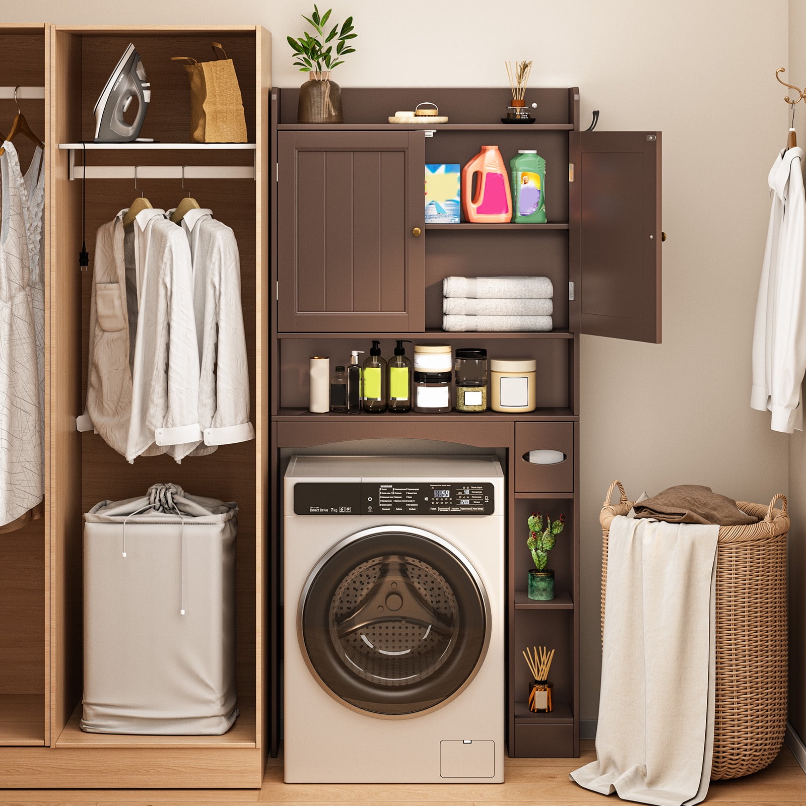 Noelse  Over the Toilet Storage Cabinet, Over Toilet Bathroom Organizer with 2 Doors, Adjustable Shelves, Toilet Paper Holder, 2 Side Hooks, Space-Saver for Bathroom, Laundry, Brown