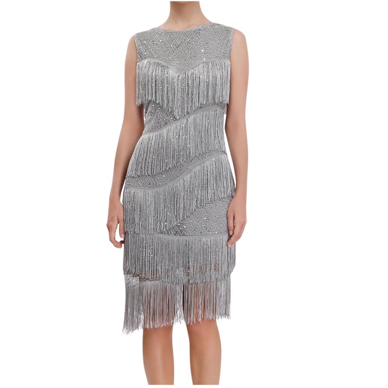 Cavosen Wedding Dresses for Bride Sleeveless Gray Sequin Tassel Elegant 1920s Dress Crew Neck Glitter Fringe Knee Length Midi Dress Flowy Sparkly