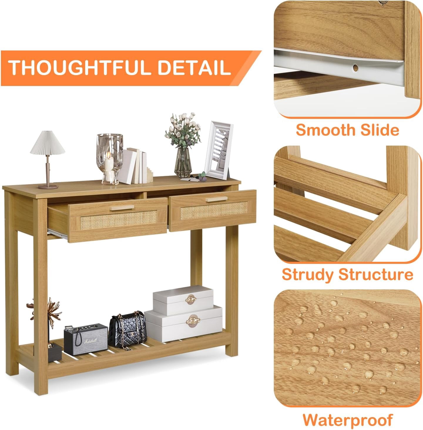 AODAILIHB Wooden Console Sofa Table，Rattan Entryway Table with 2 Drawers and Storage Open Bookshelf