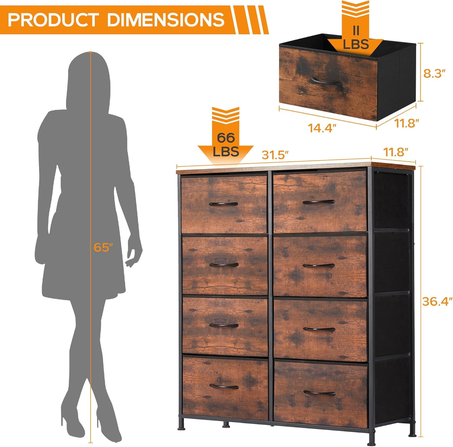 8 Drawer Dresser, Tall Chest Of Drawers Nightstand Storage Tower Storage Dresser Fabric Dresser With Wood Top for Living Room, Bedroom, Hallway, , Rust